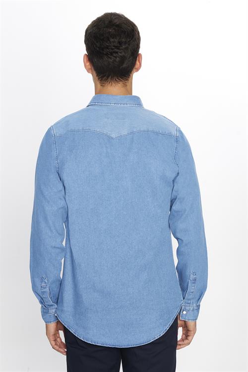 Erkek Slim Fit Dar Kesim Uzun Kollu Çift Cepli Kapaklı Parça Dikişli Mavi Denim Kot Gömlek
