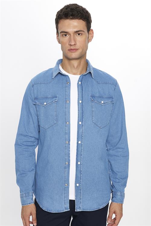 Erkek Slim Fit Dar Kesim Uzun Kollu Çift Cepli Kapaklı Parça Dikişli Mavi Denim Kot Gömlek