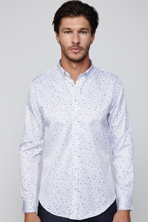 Slim Fit Uzun Kollu Düğmeli Yaka Pamuklu Kolay Ütü Desenli Erkek Gömlek