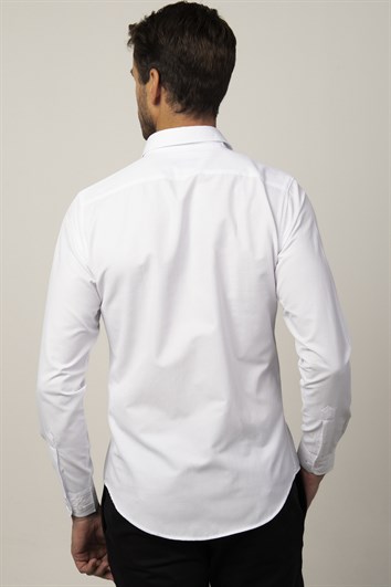 Slim Fit Uzun Kollu Armürlü Düğme Patı Manşet İçi Biyeli Erkek Beyaz Gömlek