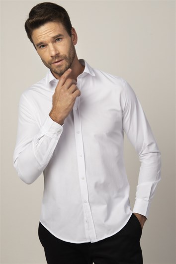 Slim Fit Uzun Kollu Armürlü Düğme Patı Manşet İçi Biyeli Erkek Beyaz Gömlek