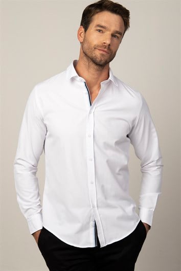 Slim Fit Uzun Kollu Armürlü Düğme Patı Manşet İçi Biyeli Erkek Beyaz Gömlek