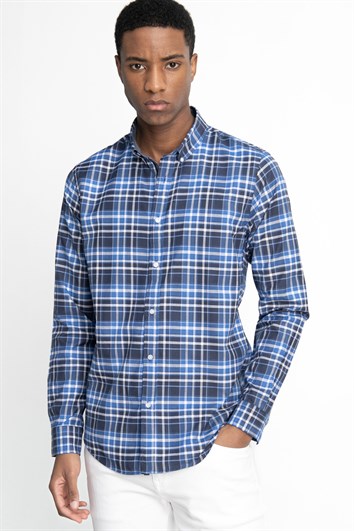 Erkek Slim Fit Dar Kesim Uzun Kollu Pamuklu Kolay Ütü Kareli Düğmeli Yaka Gömlek