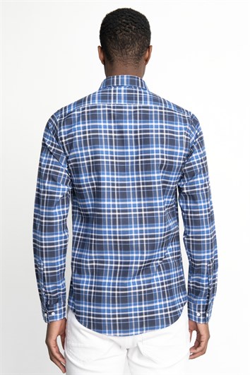 Erkek Slim Fit Dar Kesim Uzun Kollu Pamuklu Kolay Ütü Kareli Düğmeli Yaka Gömlek