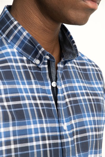 Erkek Slim Fit Dar Kesim Uzun Kollu Pamuklu Kolay Ütü Kareli Düğmeli Yaka Gömlek