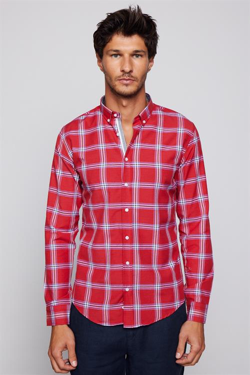 Erkek Slim Fit Dar Kesim Uzun Kollu Pamuklu Kolay Ütü Kareli Düğmeli Yaka Gömlek