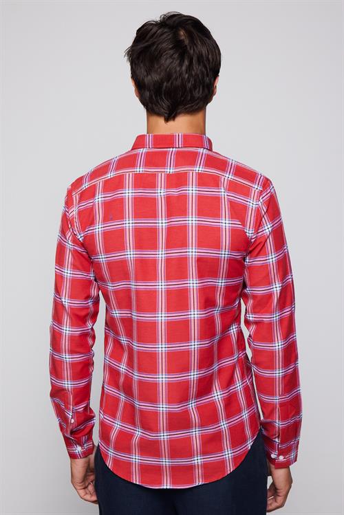 Erkek Slim Fit Dar Kesim Uzun Kollu Pamuklu Kolay Ütü Kareli Düğmeli Yaka Gömlek