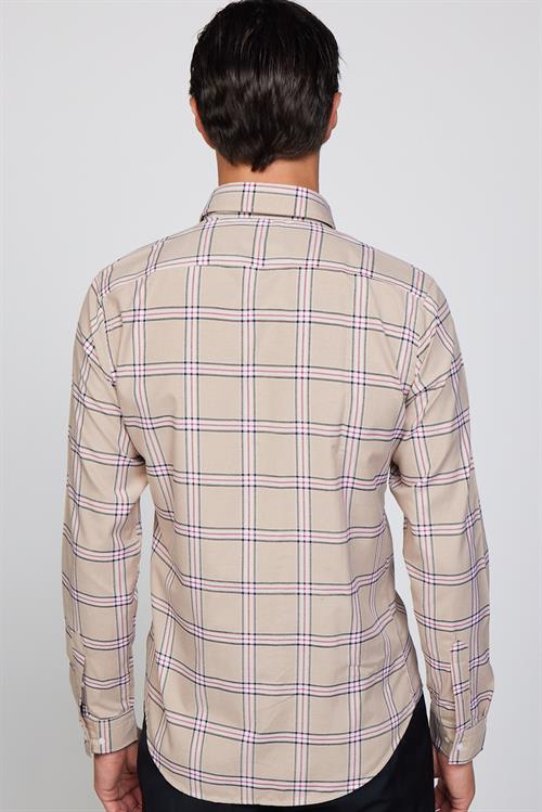 Erkek Slim Fit Dar Kesim Uzun Kollu Pamuklu Kolay Ütü Kareli Düğmeli Yaka Gömlek