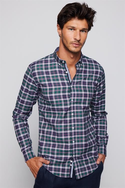 Erkek Slim Fit Dar Kesim Uzun Kollu Pamuklu Kolay Ütü Kareli Düğmeli Yaka Gömlek