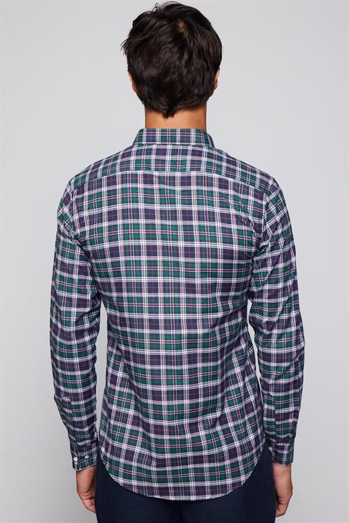 Erkek Slim Fit Dar Kesim Uzun Kollu Pamuklu Kolay Ütü Kareli Düğmeli Yaka Gömlek
