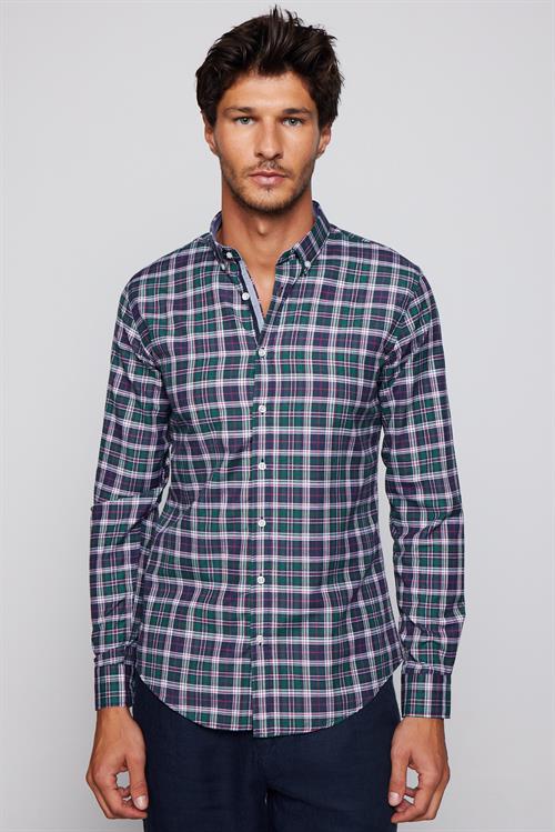 Erkek Slim Fit Dar Kesim Uzun Kollu Pamuklu Kolay Ütü Kareli Düğmeli Yaka Gömlek