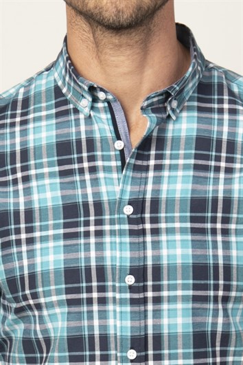 Erkek Slim Fit Dar Kesim Uzun Kollu Pamuklu Kolay Ütü Kareli Düğmeli Yaka Gömlek
