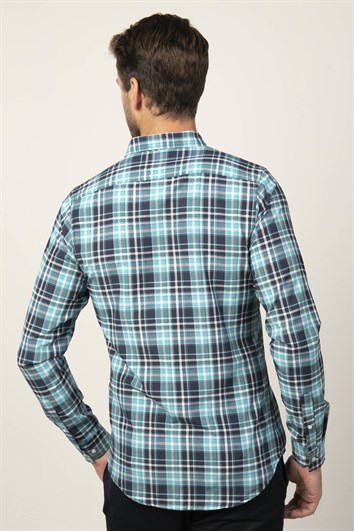 Erkek Slim Fit Dar Kesim Uzun Kollu Pamuklu Kolay Ütü Kareli Düğmeli Yaka Gömlek
