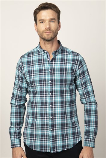 Erkek Slim Fit Dar Kesim Uzun Kollu Pamuklu Kolay Ütü Kareli Düğmeli Yaka Gömlek