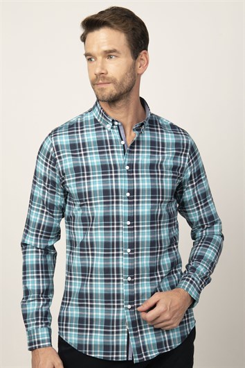 Erkek Slim Fit Dar Kesim Uzun Kollu Pamuklu Kolay Ütü Kareli Düğmeli Yaka Gömlek