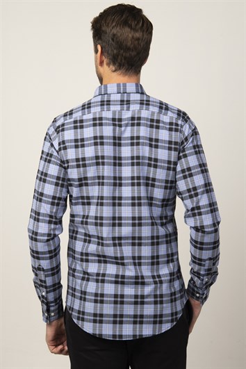 Erkek Slim Fit Dar Kesim Uzun Kollu Pamuklu Kolay Ütü Kareli Düğmeli Yaka Gömlek