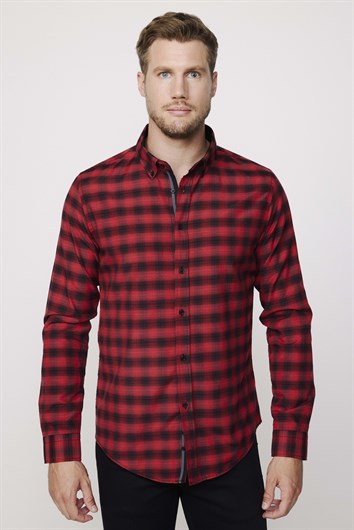 Erkek Slim Fit Dar Kesim Uzun Kollu Pamuklu Kolay Ütü Kareli Düğmeli Yaka Gömlek