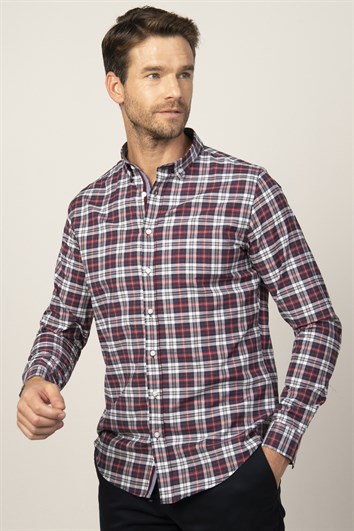 Erkek Slim Fit Dar Kesim Uzun Kollu Pamuklu Kolay Ütü Kareli Düğmeli Yaka Gömlek