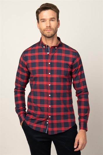 Erkek Slim Fit Dar Kesim Uzun Kollu Pamuklu Kolay Ütü Kareli Düğmeli Yaka Gömlek