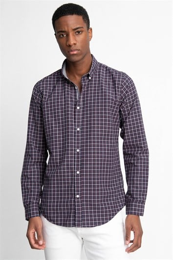 Erkek Slim Fit Dar Kesim Uzun Kollu Pamuklu Kolay Ütü Kareli Düğmeli Yaka Gömlek