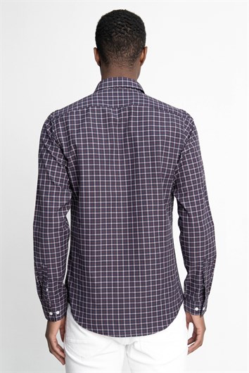 Erkek Slim Fit Dar Kesim Uzun Kollu Pamuklu Kolay Ütü Kareli Düğmeli Yaka Gömlek