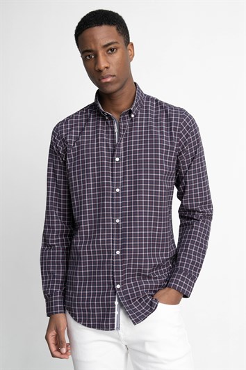 Erkek Slim Fit Dar Kesim Uzun Kollu Pamuklu Kolay Ütü Kareli Düğmeli Yaka Gömlek