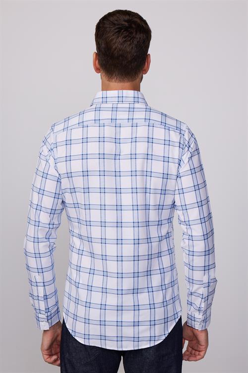 Erkek Slim Fit Dar Kesim Uzun Kollu Pamuklu Kolay Ütü Kareli Düğmeli Yaka Gömlek