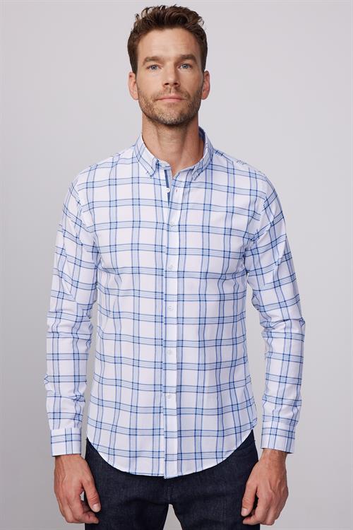 Erkek Slim Fit Dar Kesim Uzun Kollu Pamuklu Kolay Ütü Kareli Düğmeli Yaka Gömlek