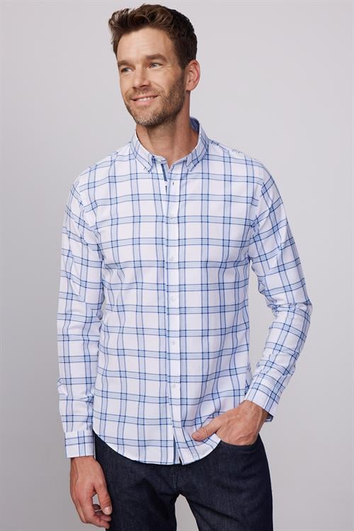 Erkek Slim Fit Dar Kesim Uzun Kollu Pamuklu Kolay Ütü Kareli Düğmeli Yaka Gömlek