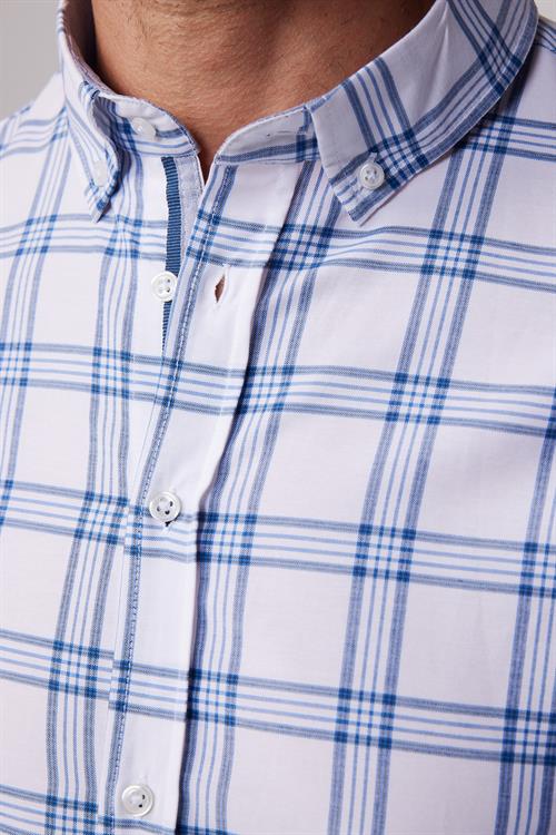 Erkek Slim Fit Dar Kesim Uzun Kollu Pamuklu Kolay Ütü Kareli Düğmeli Yaka Gömlek