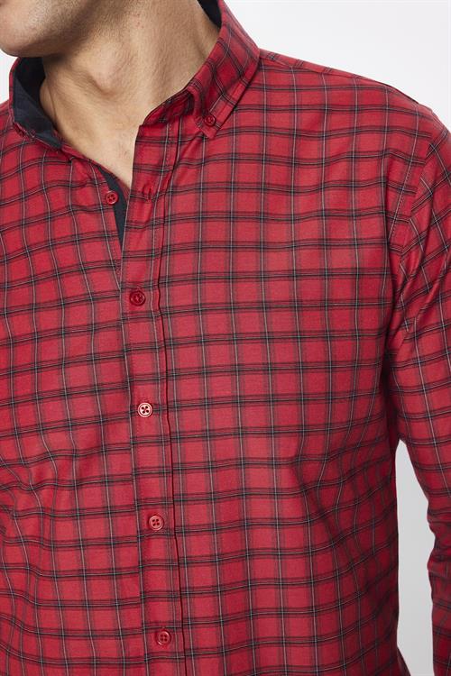 Erkek Slim Fit Dar Kesim Uzun Kollu Pamuklu Kolay Ütü Kareli Düğmeli Yaka Gömlek