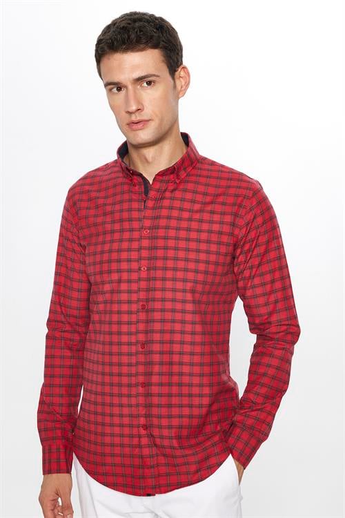 Erkek Slim Fit Dar Kesim Uzun Kollu Pamuklu Kolay Ütü Kareli Düğmeli Yaka Gömlek