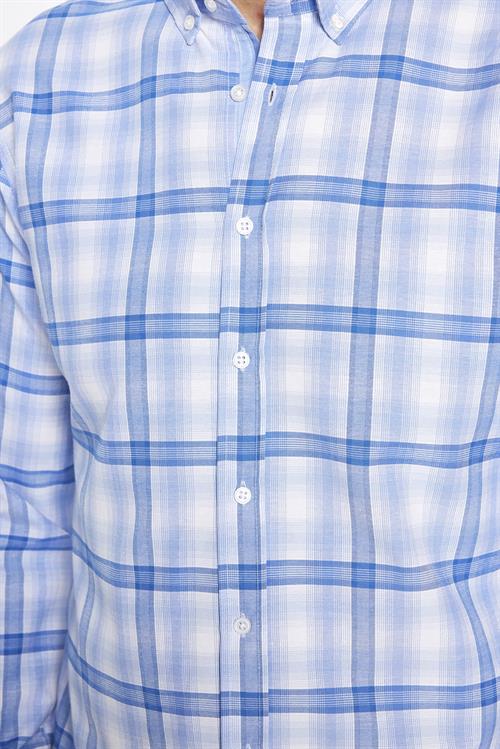 Erkek Slim Fit Dar Kesim Uzun Kollu Pamuklu Kolay Ütü Kareli Düğmeli Yaka Gömlek