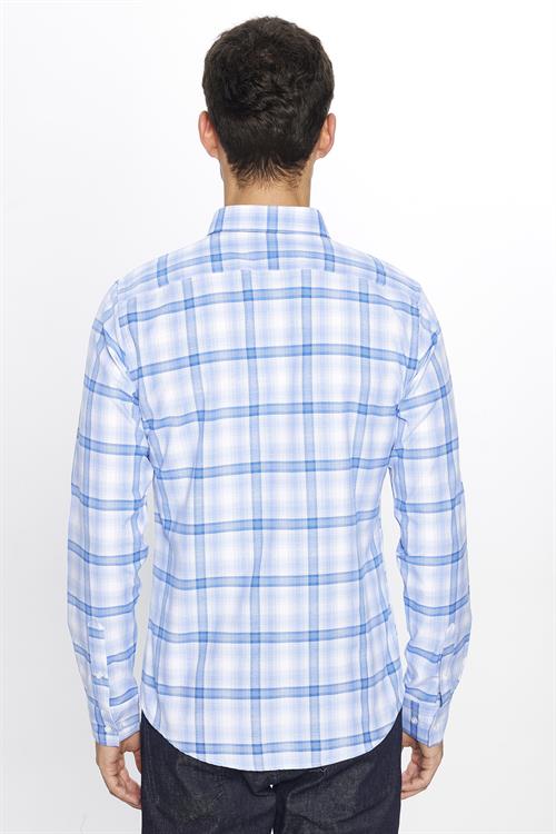 Erkek Slim Fit Dar Kesim Uzun Kollu Pamuklu Kolay Ütü Kareli Düğmeli Yaka Gömlek