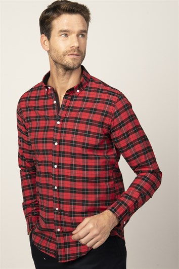 Erkek Slim Fit Dar Kesim Uzun Kollu Pamuklu Kolay Ütü Kareli Düğmeli Yaka Gömlek