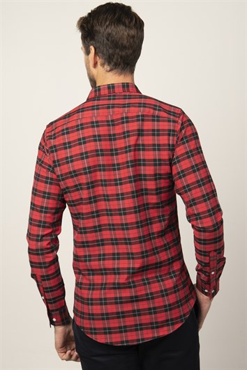 Erkek Slim Fit Dar Kesim Uzun Kollu Pamuklu Kolay Ütü Kareli Düğmeli Yaka Gömlek