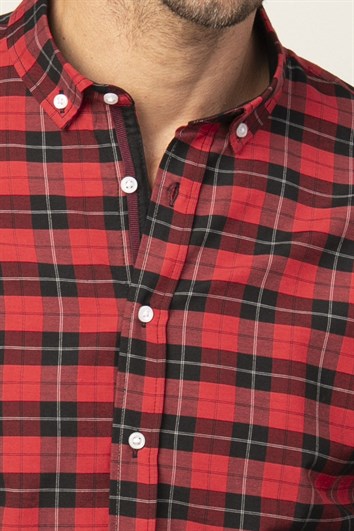 Erkek Slim Fit Dar Kesim Uzun Kollu Pamuklu Kolay Ütü Kareli Düğmeli Yaka Gömlek