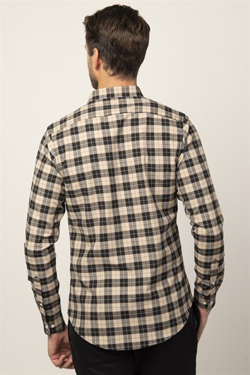 Erkek Slim Fit Dar Kesim Uzun Kollu Pamuklu Kolay Ütü Kareli Düğmeli Yaka Gömlek