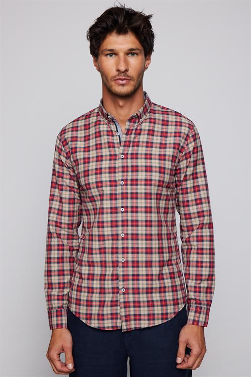 Erkek Slim Fit Dar Kesim Uzun Kollu Pamuklu Kolay Ütü Kareli Düğmeli Yaka Gömlek