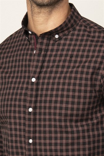 Erkek Slim Fit Dar Kesim Uzun Kollu Pamuklu Kolay Ütü Kareli Düğmeli Yaka Gömlek