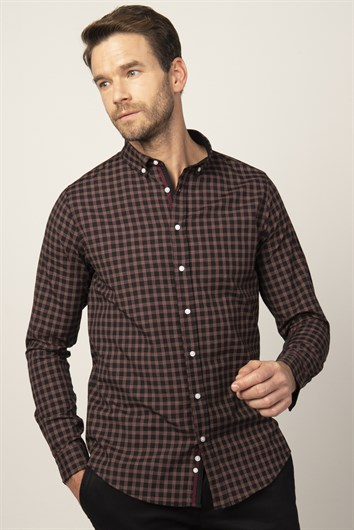 Erkek Slim Fit Dar Kesim Uzun Kollu Pamuklu Kolay Ütü Kareli Düğmeli Yaka Gömlek