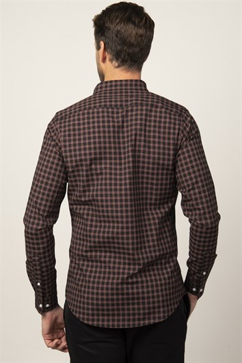 Erkek Slim Fit Dar Kesim Uzun Kollu Pamuklu Kolay Ütü Kareli Düğmeli Yaka Gömlek