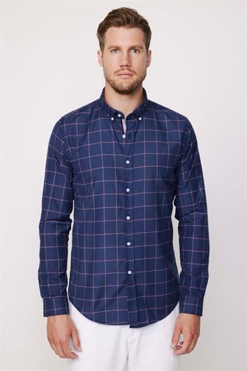 Erkek Slim Fit Dar Kesim Uzun Kollu Pamuklu Kolay Ütü Kareli Düğmeli Yaka Gömlek