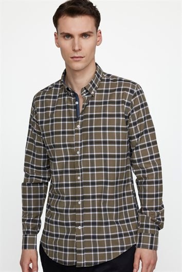 Erkek Slim Fit Dar Kesim Uzun Kollu Pamuklu Kolay Ütü Kareli Düğmeli Yaka Gömlek