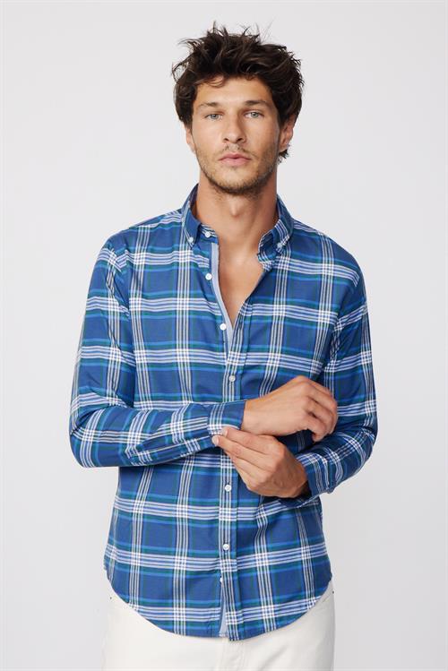 Erkek Slim Fit Dar Kesim Uzun Kollu Pamuklu Kolay Ütü Kareli Düğmeli Yaka Gömlek