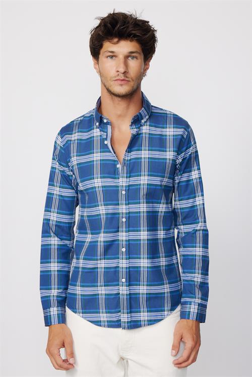 Erkek Slim Fit Dar Kesim Uzun Kollu Pamuklu Kolay Ütü Kareli Düğmeli Yaka Gömlek