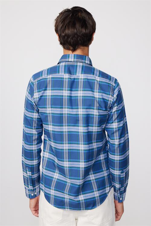 Erkek Slim Fit Dar Kesim Uzun Kollu Pamuklu Kolay Ütü Kareli Düğmeli Yaka Gömlek