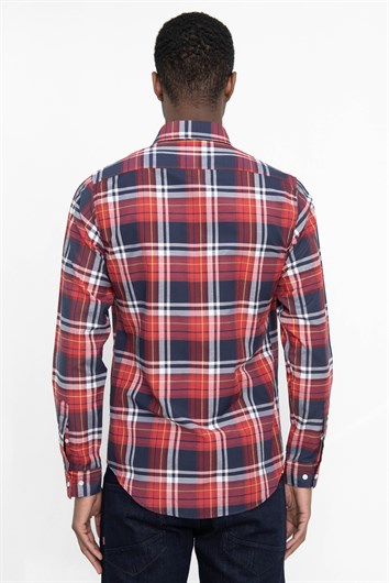 Erkek Slim Fit Dar Kesim Uzun Kollu Pamuklu Kolay Ütü Kareli Düğmeli Yaka Gömlek