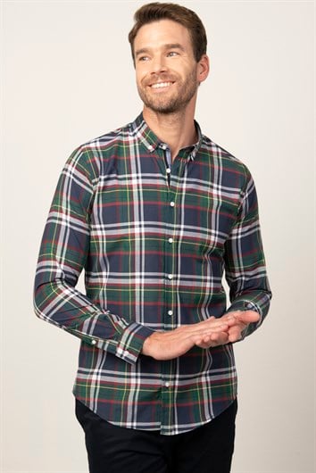 Erkek Slim Fit Dar Kesim Uzun Kollu Pamuklu Kolay Ütü Kareli Düğmeli Yaka Gömlek