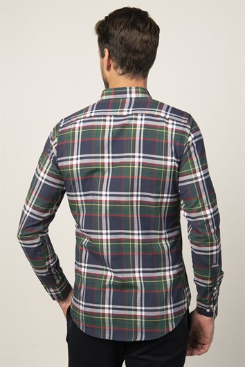 Erkek Slim Fit Dar Kesim Uzun Kollu Pamuklu Kolay Ütü Kareli Düğmeli Yaka Gömlek